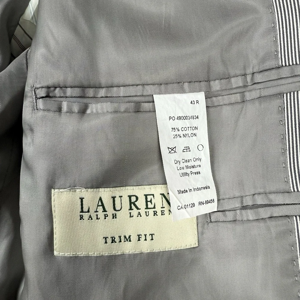 Lauren Ralph Lauren Blazer Mens 43R Cotton Nylon Gray Chalk Pinstripe Trim Fit‎